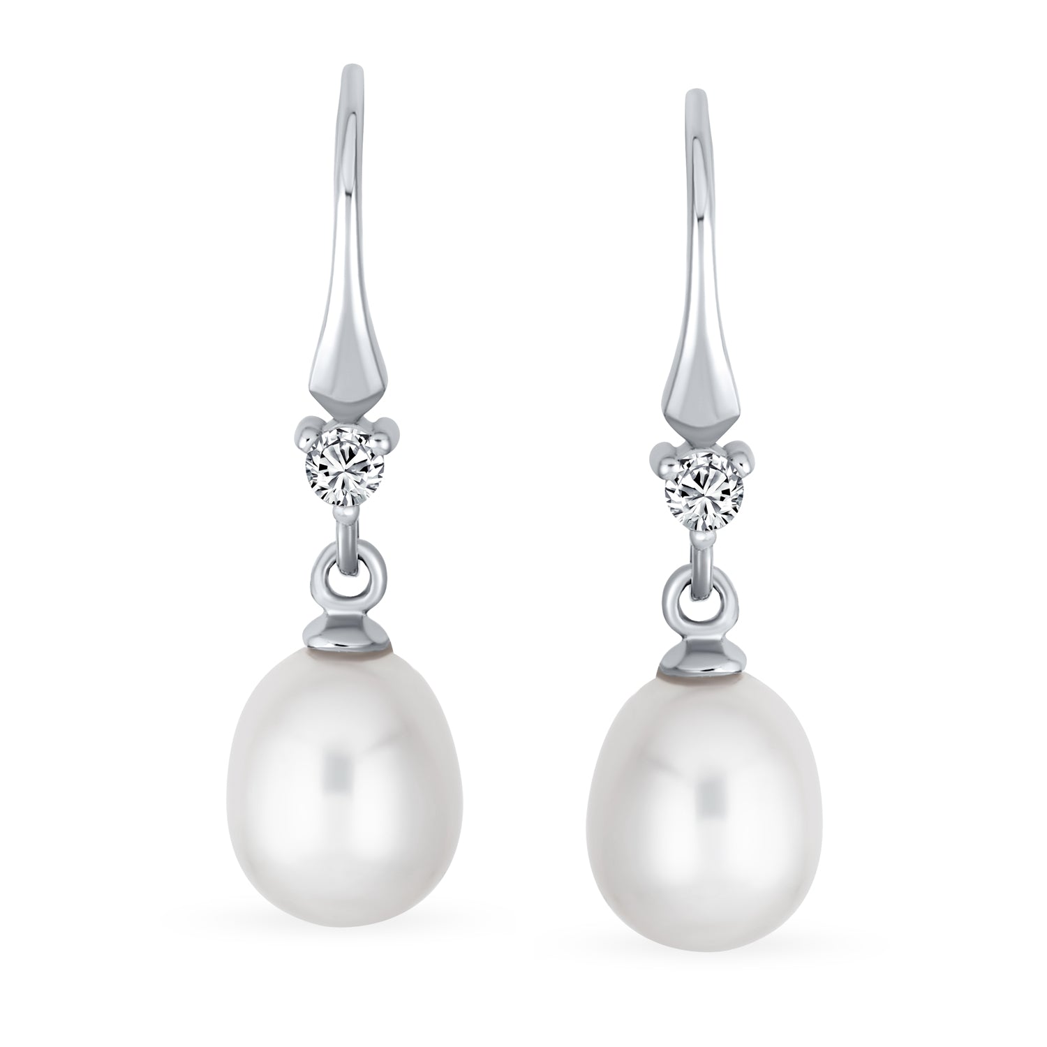 Sterling Silver Freshwater Cultured White Pearl Teardrop Dangle Earrings Fish Hook CZ Accent
