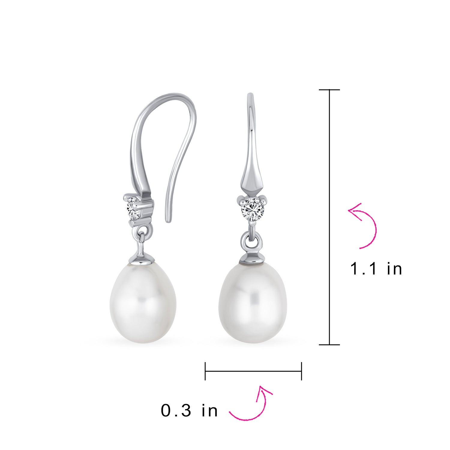 Sterling Silver Freshwater Cultured White Pearl Teardrop Dangle Earrings Fish Hook CZ Accent