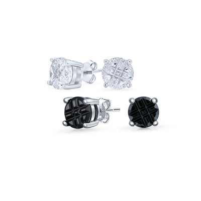 Set of 2 Round Black Clear Cubic Zirconia Invincible Cut Stud Earrings Silver