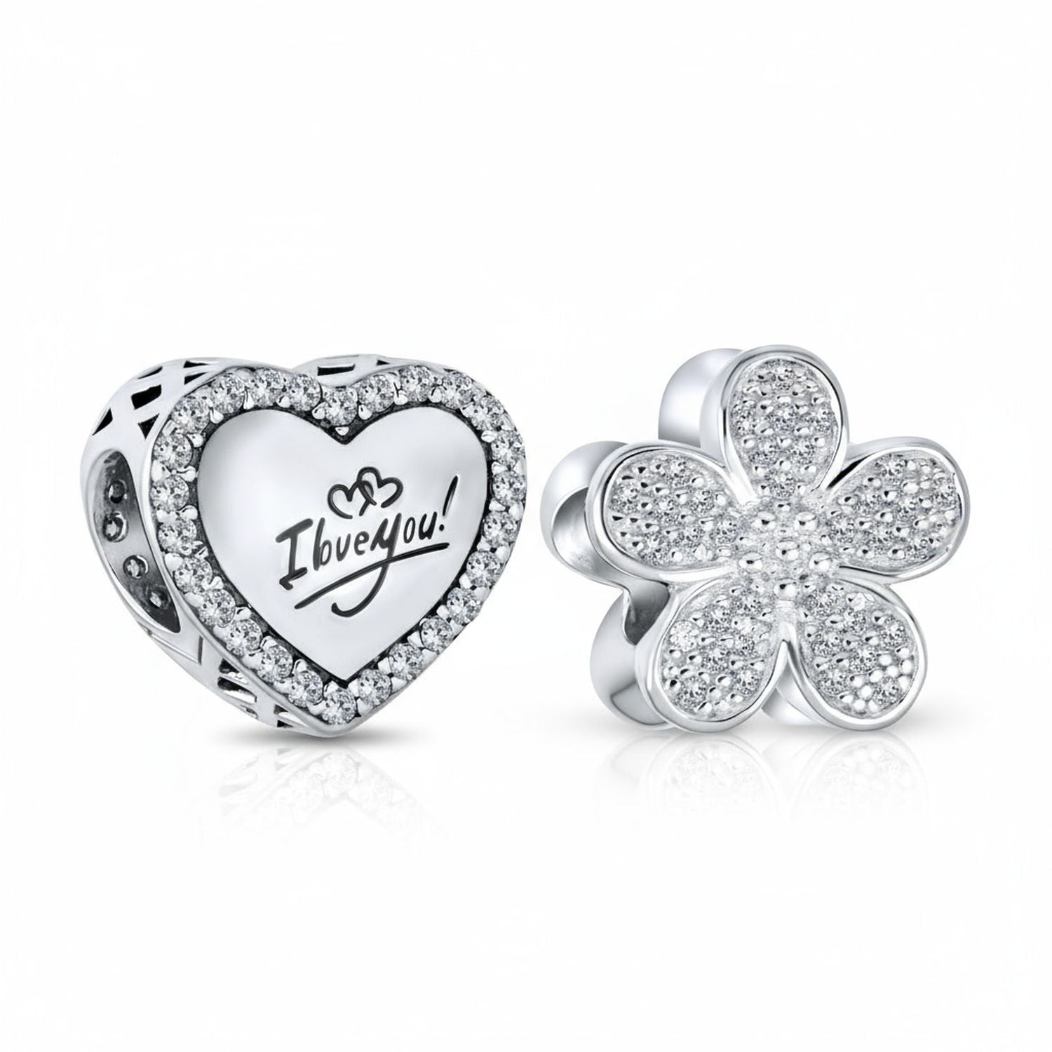 Sterling Silver Words I LOVE YOU Crystal Heart Shape & CZ Flower Shape Charm Bead for Bracelet (Set)