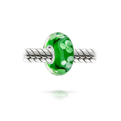 Set of 4 Green Floral Hibiscus Glass Charm Bead Silver for European Bracelet