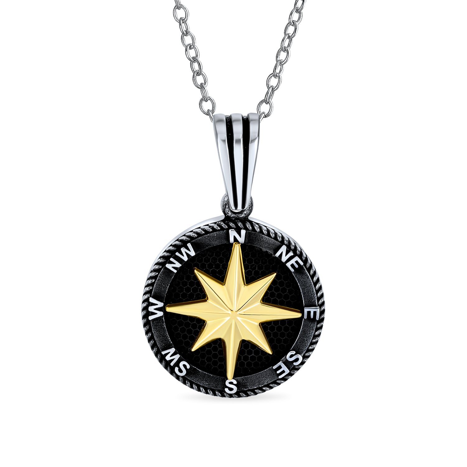 Unisex Viking Compass Pendant Necklace Black Plated Sterling Silver Chain