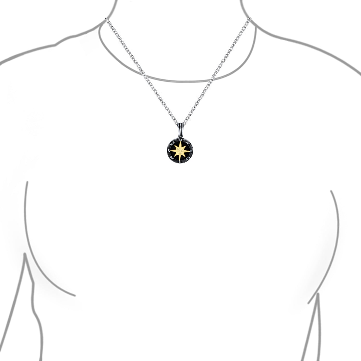 Unisex Viking Compass Pendant Necklace Black Plated Sterling Silver Chain