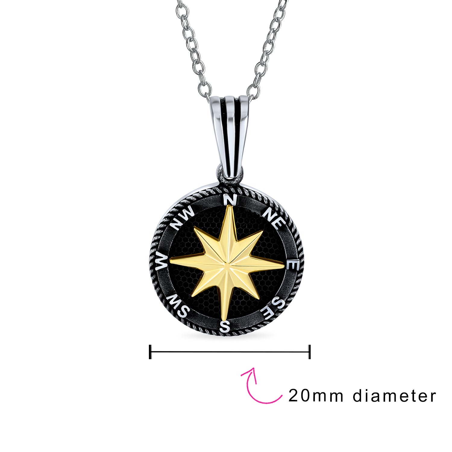 Unisex Viking Compass Pendant Necklace Black Plated Sterling Silver Chain