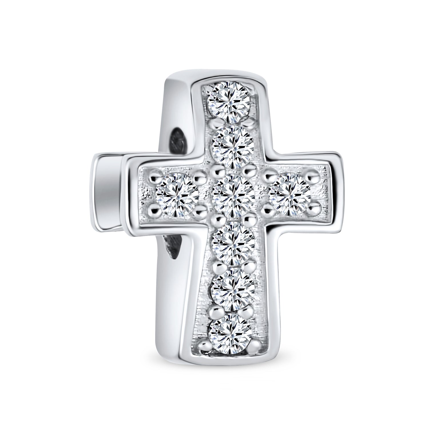 Sterling Silver Spiritual Religious Pave CZ Cross & White Charm Bead Communion, Weddings (3-Pc Set)