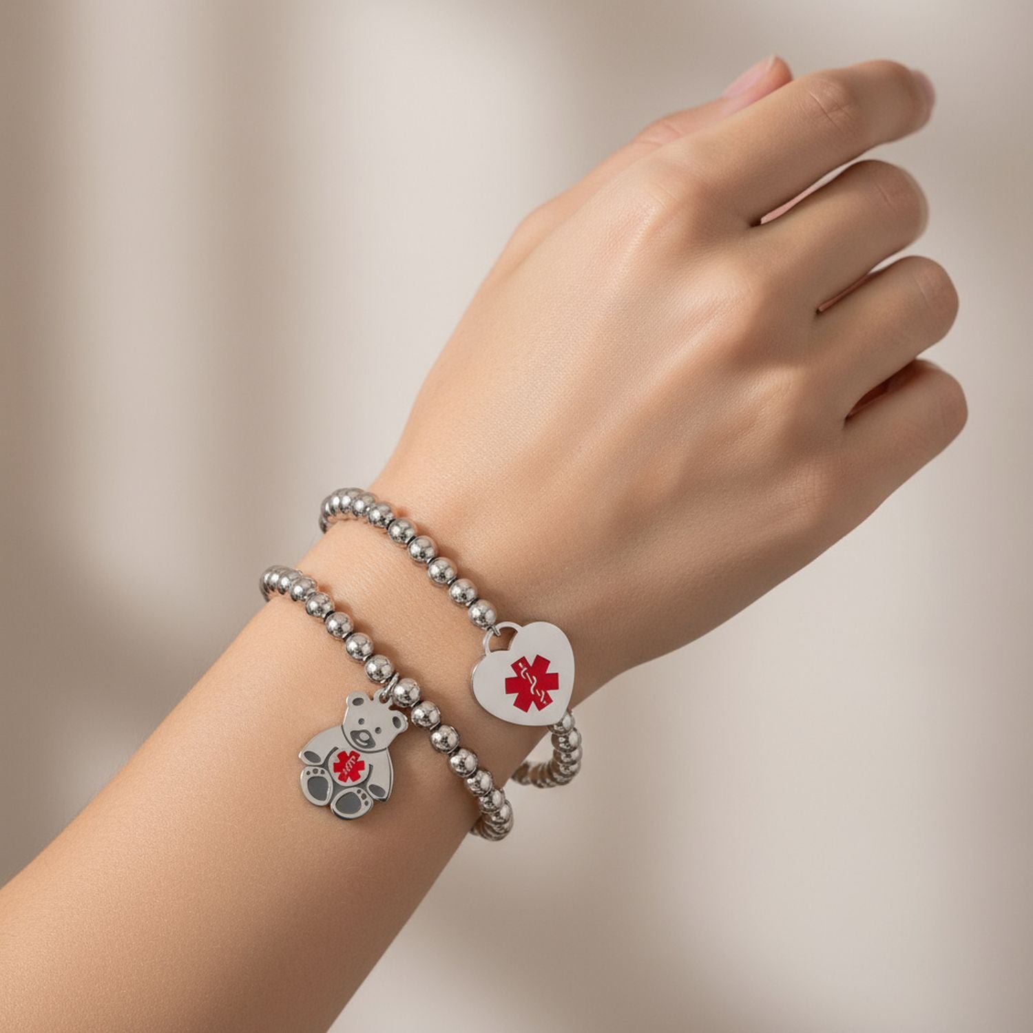 Medical ID Bracelet Set Two Blank Stretch Bead Bear Heart Charm Identification Silver Tone