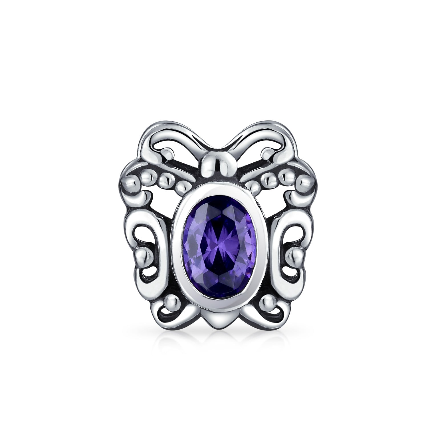 .925 Sterling Silver Purple Butterfly CZ & Lilac Purple Charm Bead (3-Pc Set)