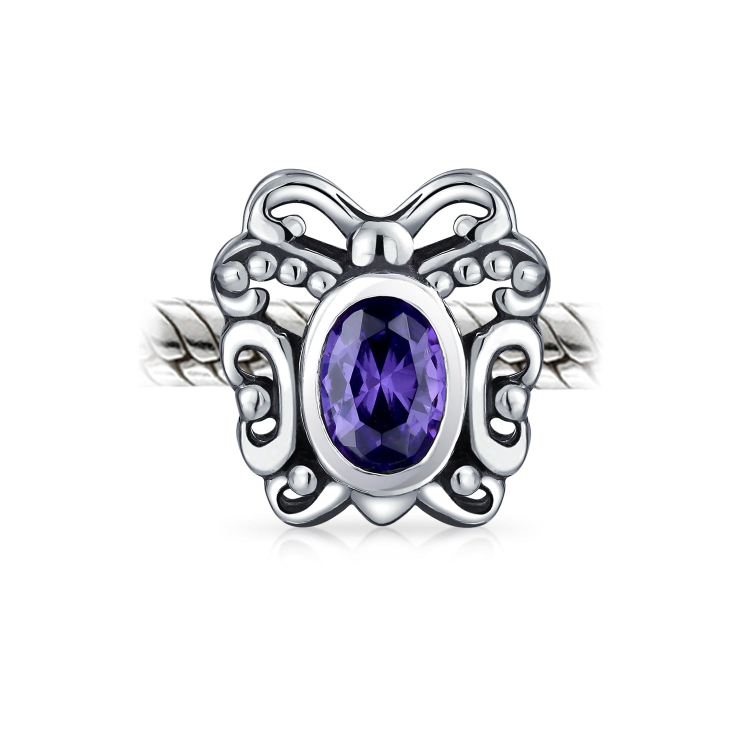 .925 Sterling Silver Purple CZ Butterfly Cubic Zirconia Bead Charm for Bracelet