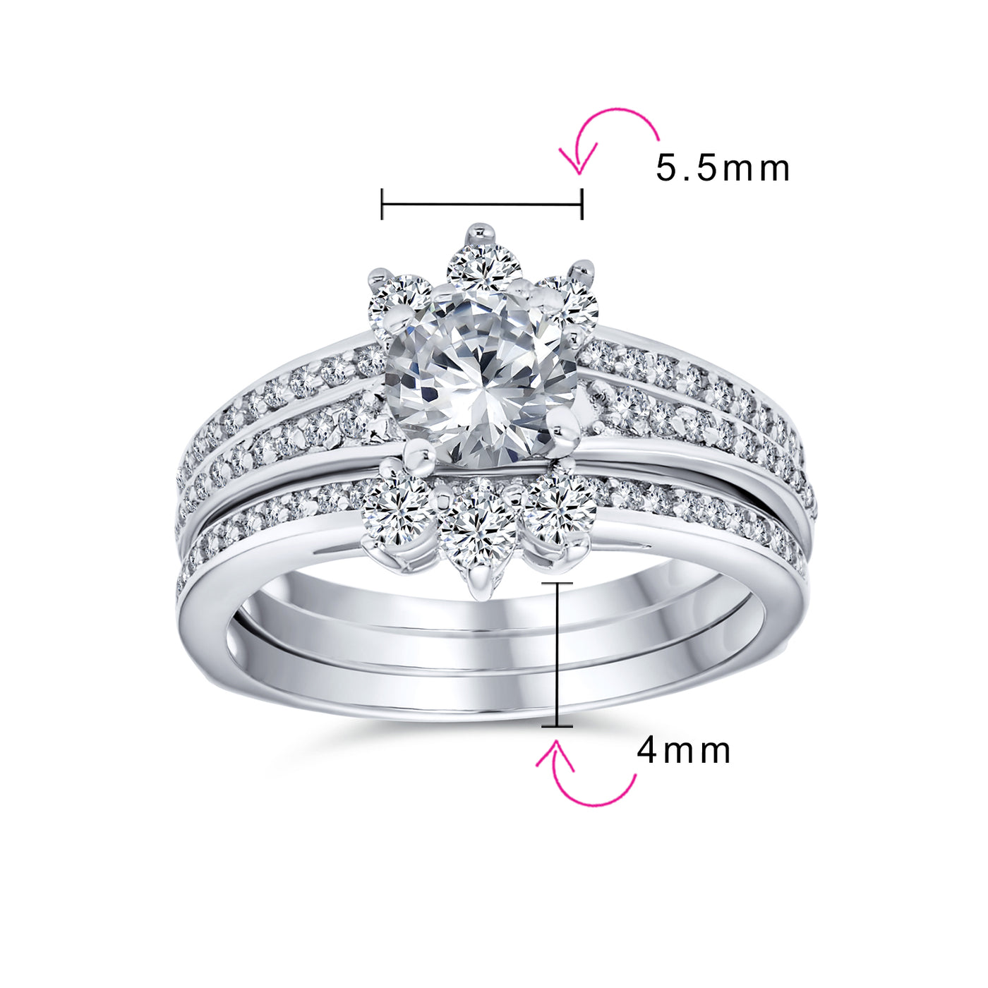 Classic 1.5CT CZ Cocktail Statement Ring with Floral Halo and Pave Band in Silver