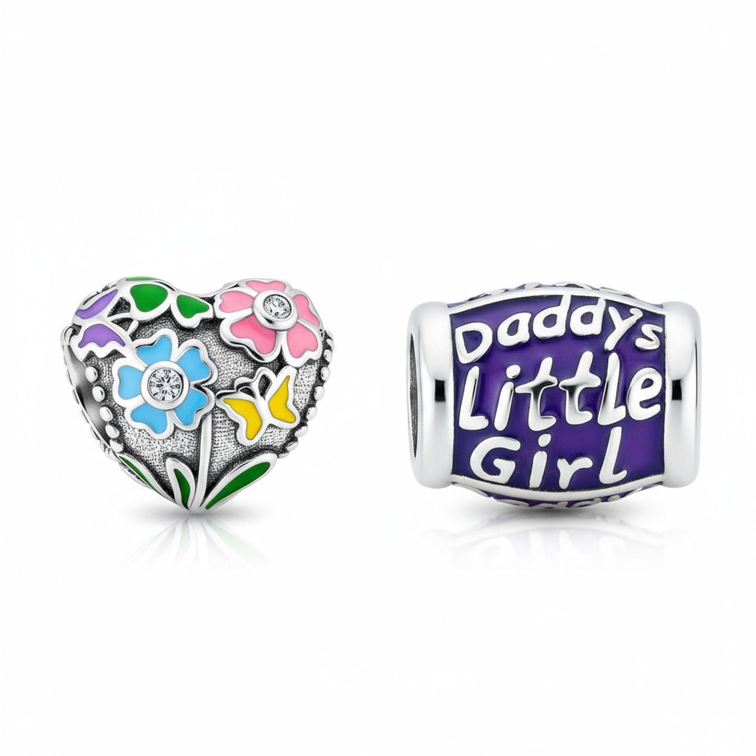Sterling Silver Multicolor Enamel Flower Heart & Words Daddy&