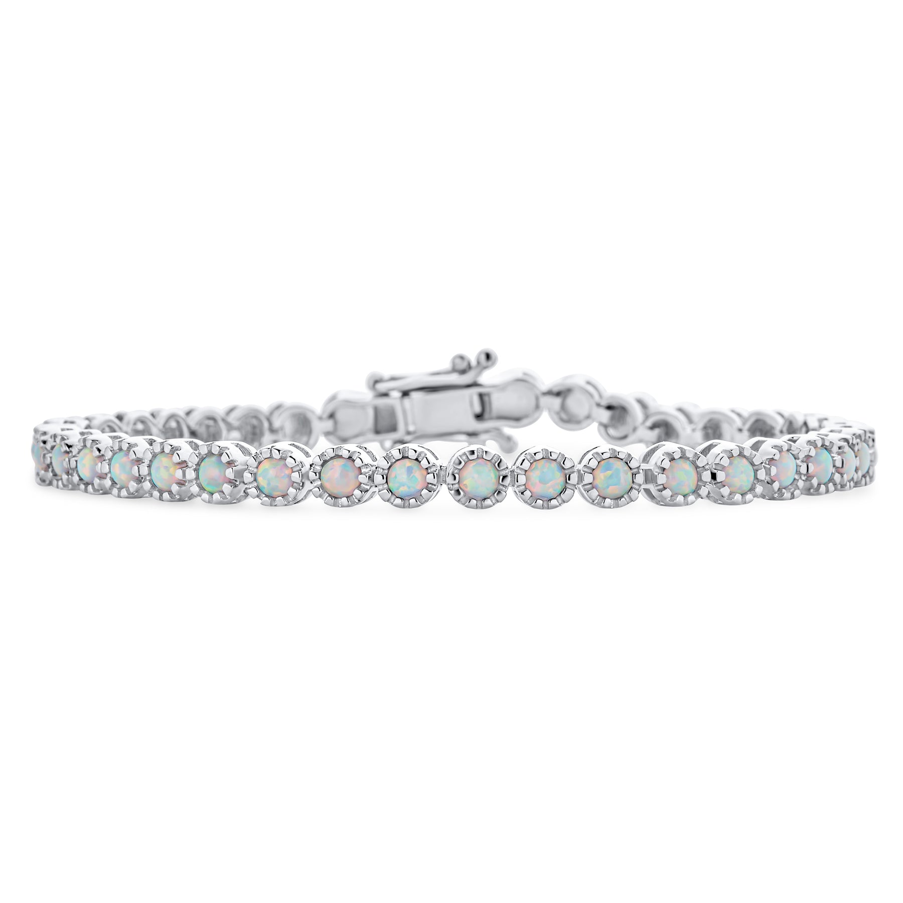 White Opal Tennis Bracelet Sterling Silver Dainty Created Opal Milgrain October Birthstone 7 Inch