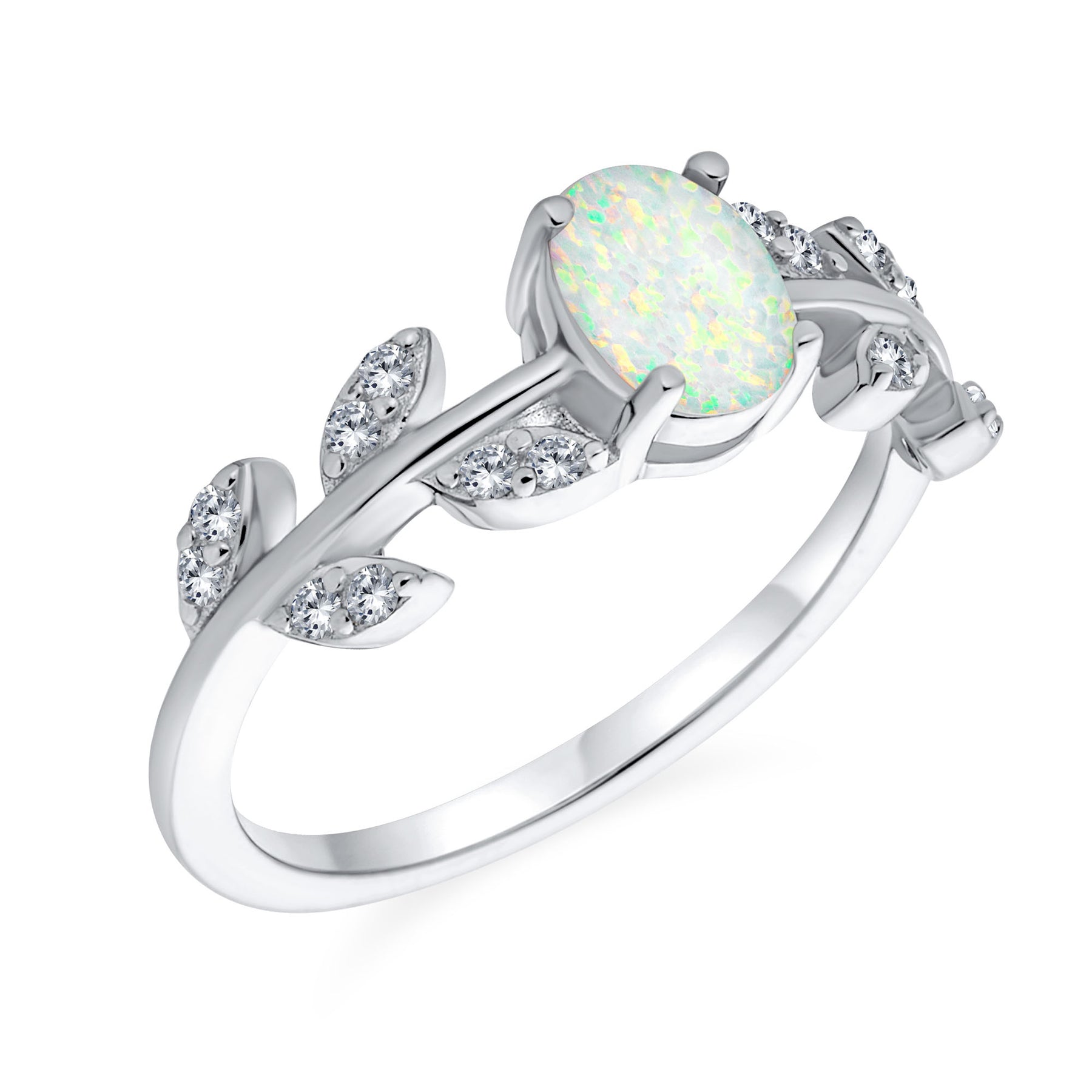 Oval White Created Opal CZ Accent Cubic Zirconia Open Leaf Ring Sterling Silver