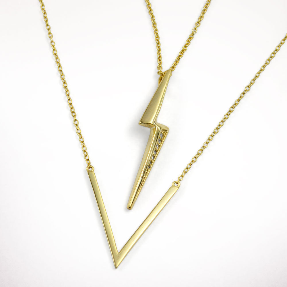 Minimalist Geometric Lightning Bolt Pendant Necklace 14K Gold Plated Silver