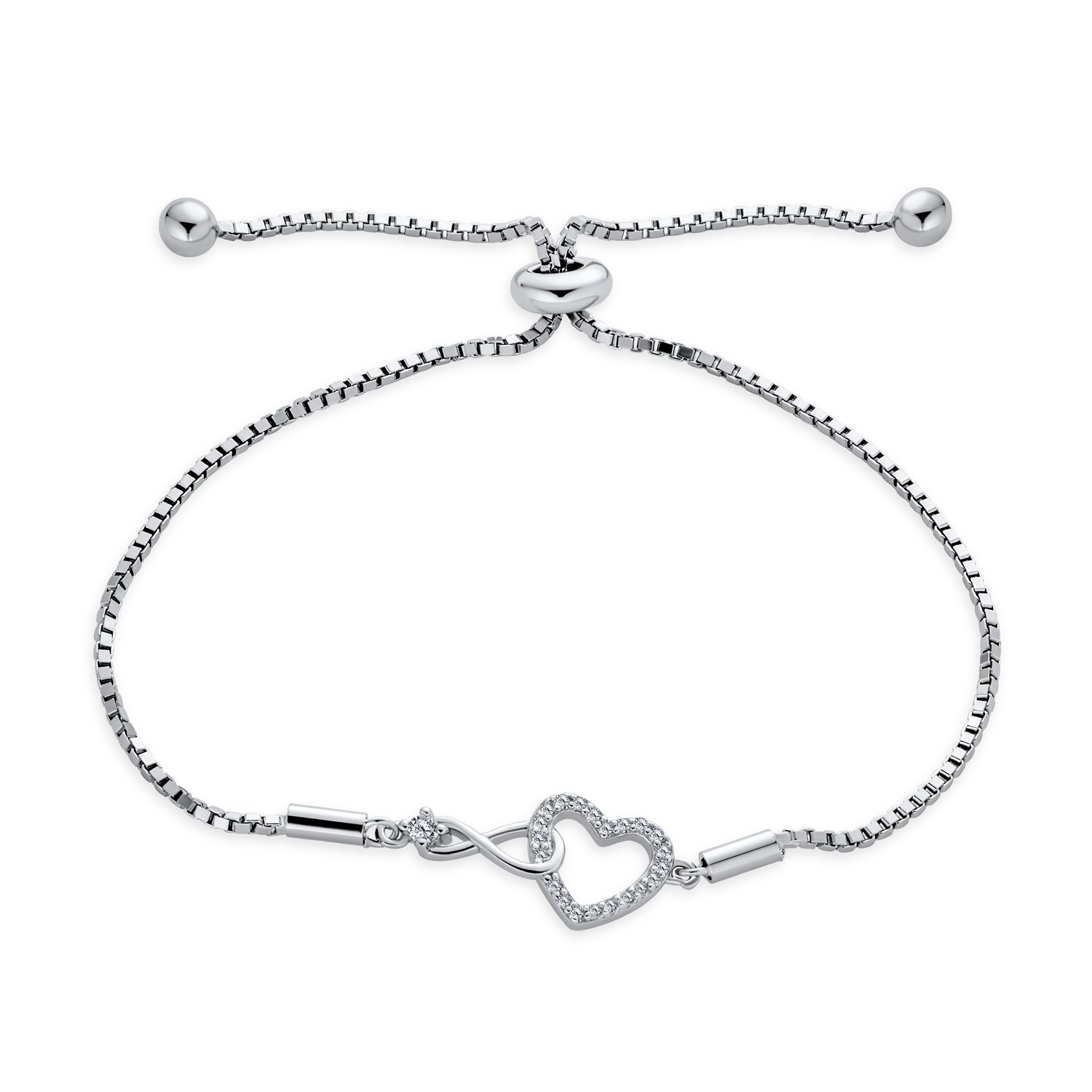 Infinity Heart Bolo Bracelet Delicate Romantic CZ Accent Sterling Silver Adjustable Created Opal