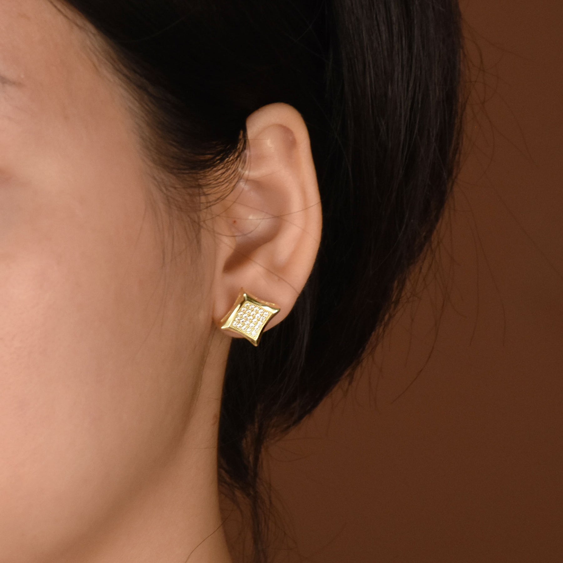 Square Shaped Cubic Zirconia Micro Pave CZ Kite Stud Earrings Gold Plated Sterling Silver