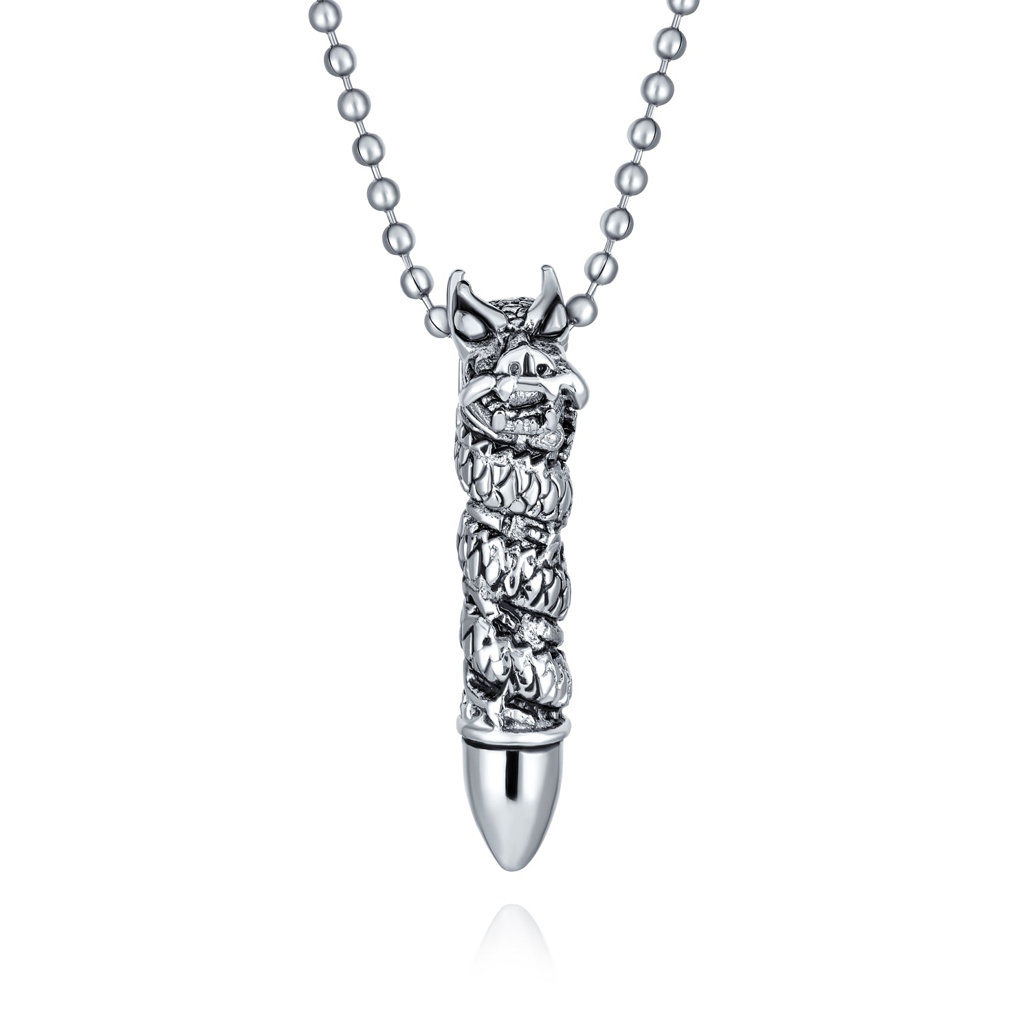 Biker Goth Viking Dragon Bullet Pendant Necklace Stainless