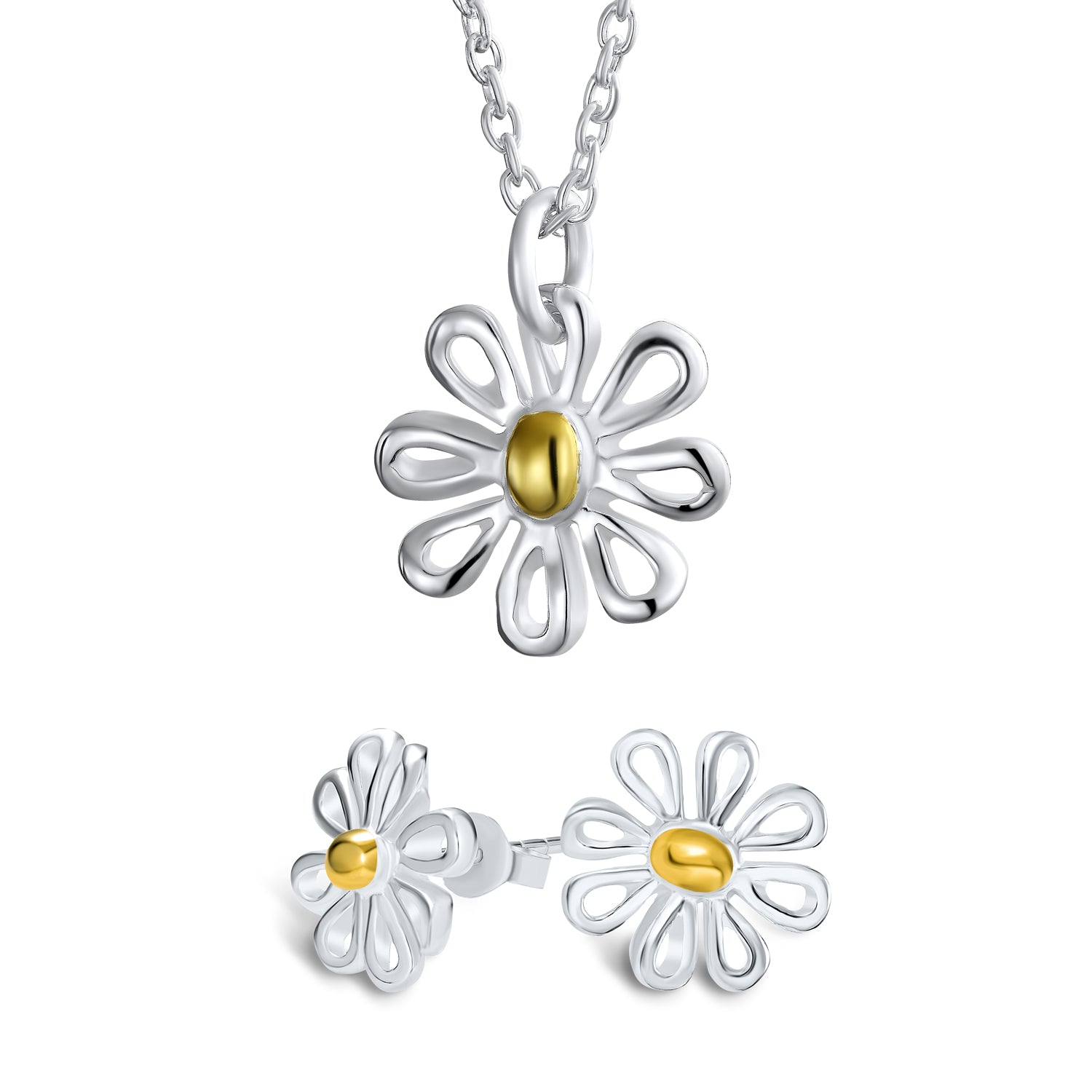 Daisy Pendant Necklace and Stud Earrings Jewelry Set Gold Plated Sterling Silver