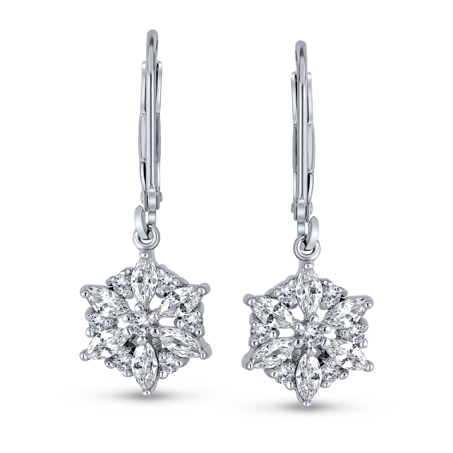 Marquise CZ Snowflake Dangle Chandelier Earrings Silver for Winter Party