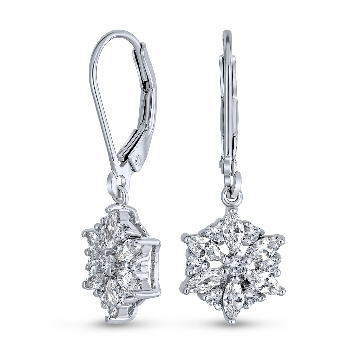 Marquise CZ Snowflake Dangle Chandelier Earrings Silver for Winter Party