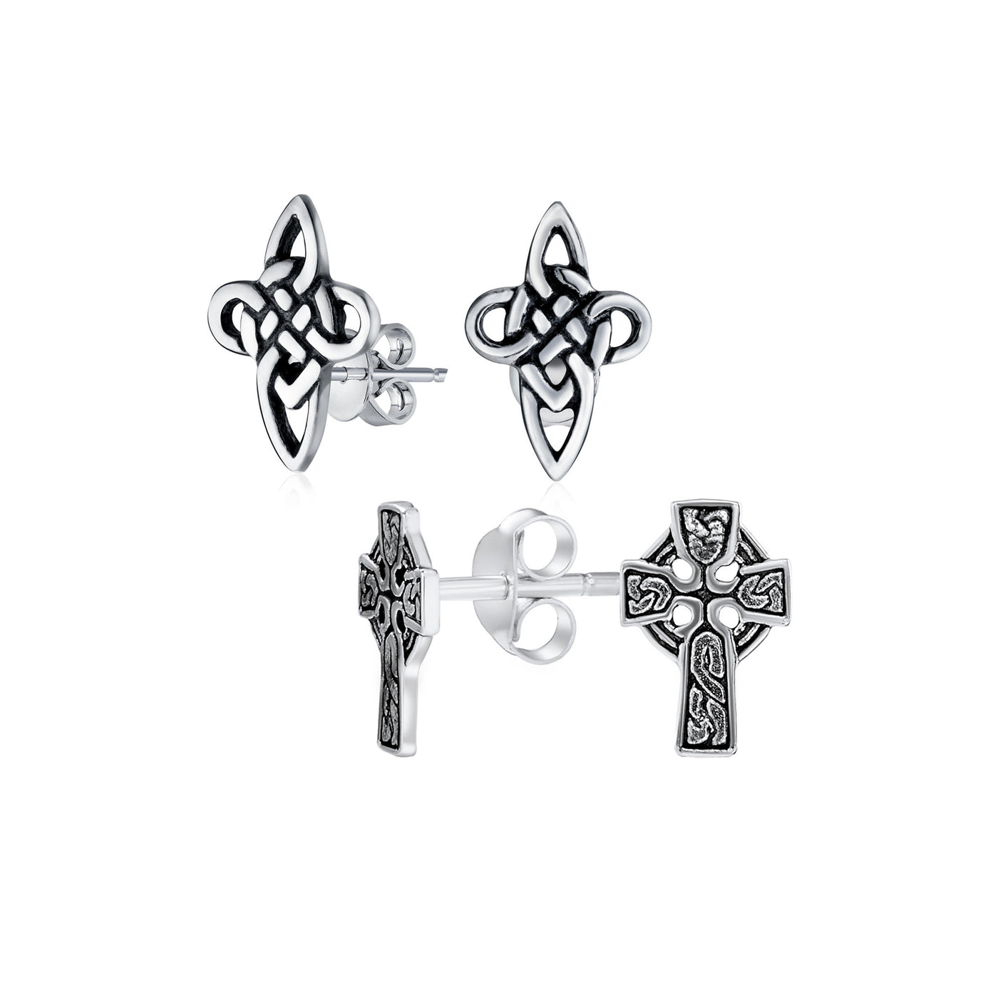 Set of 2 Religious Celtic Cross Stud Earrings Irish Love Knot Oxidized Silver
