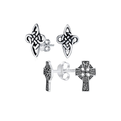 Set of 2 Religious Celtic Cross Stud Earrings Irish Love Knot Oxidized Silver