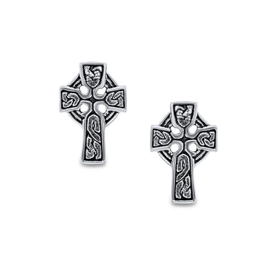 Set of 2 Religious Celtic Cross Stud Earrings Irish Love Knot Oxidized Silver