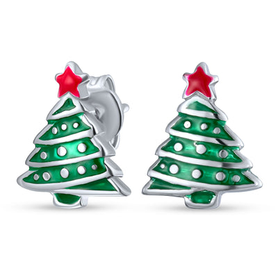 Red Star Enamel & Green Christmas Tree Stud Earrings in Sterling Silver