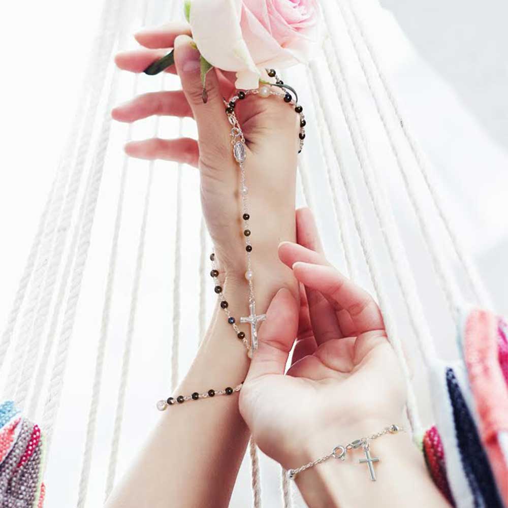 Rosary Cross Bracelet .925 Sterling Silver Thin Simple Religious Prayer 6MM Ball Beads Adjustable