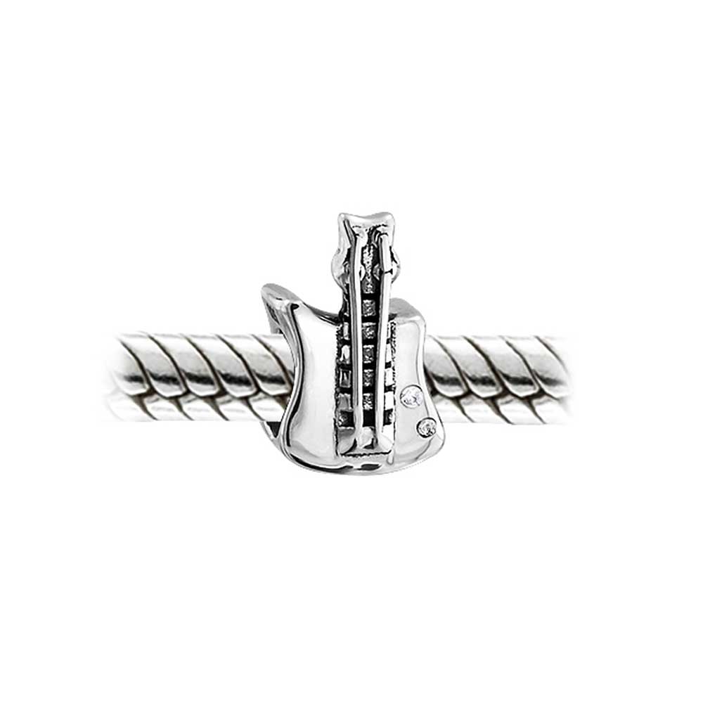 .925 Sterling Silver Music Student Musician Rock Star Electric Guitar Charm Bead for Bracelet