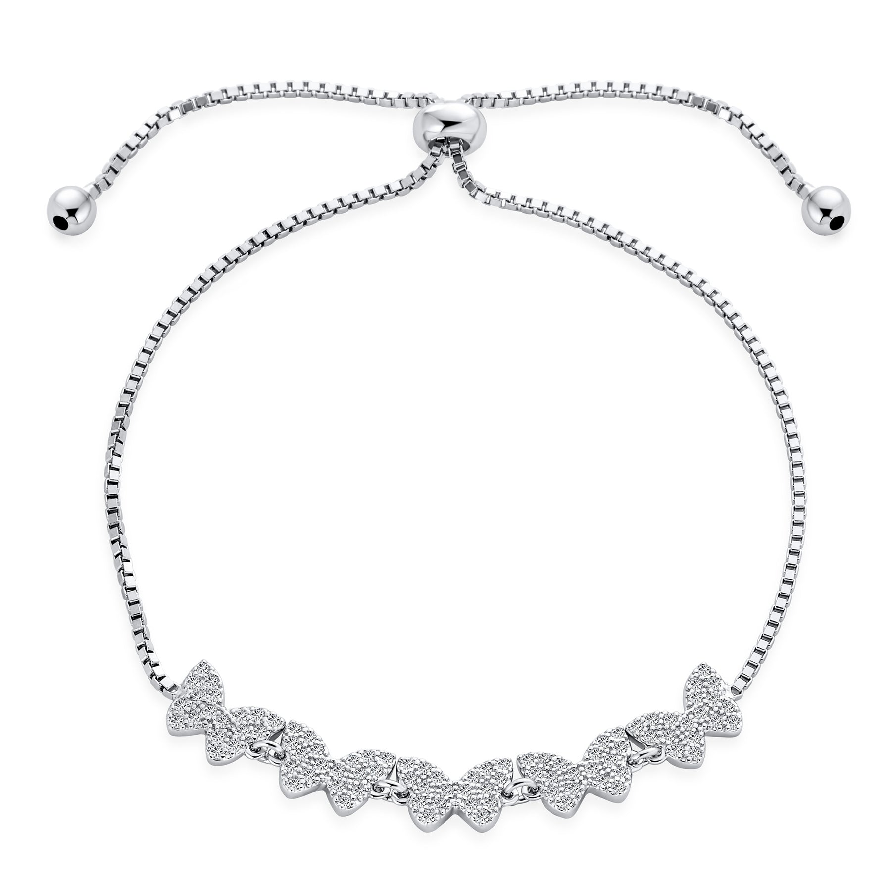 Dainty Cubic Zirconia Mirco Pave CZ Butterfly Bolo Bracelet Adjustable Slide .925 Sterling Silver