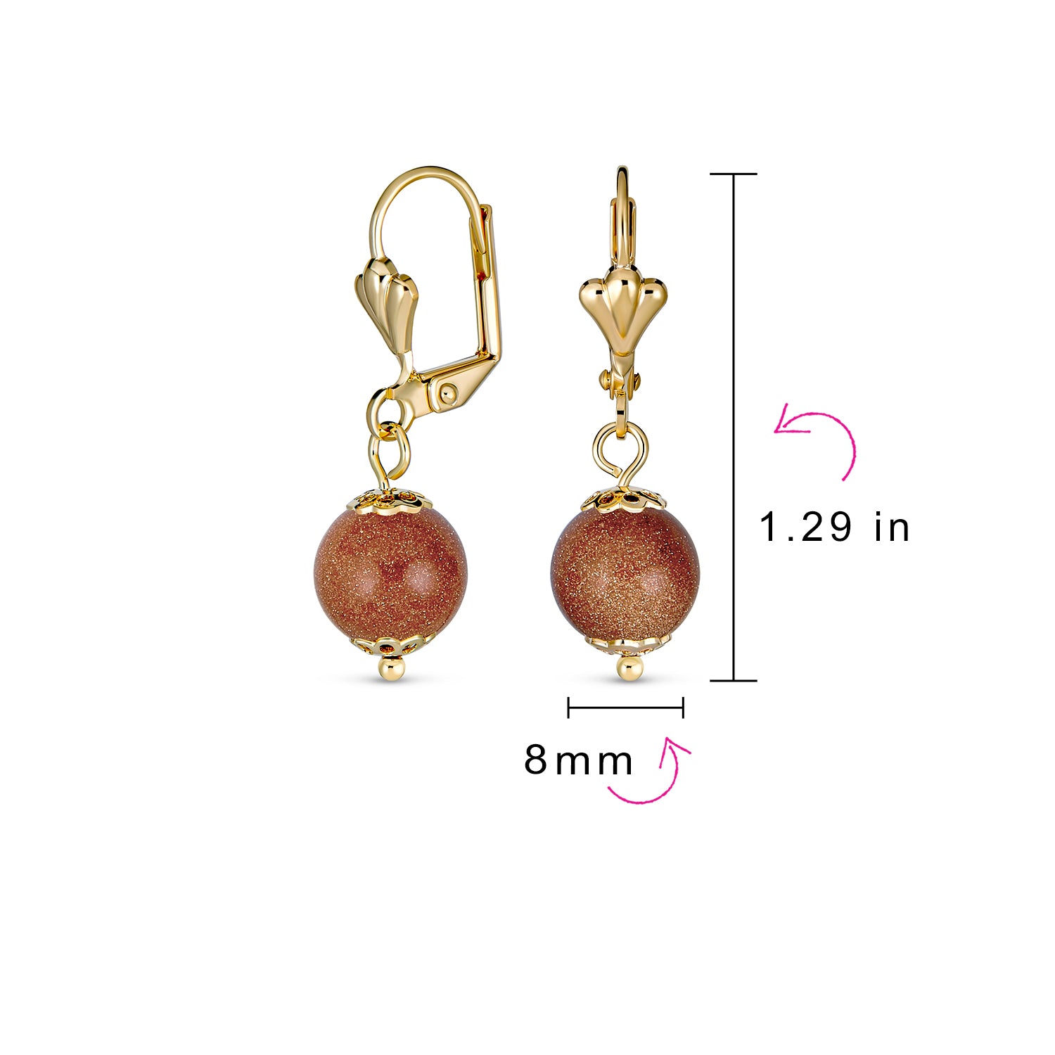 Timeless Brown Goldstone Black Onyx Dangle 8MM Ball Drop Earrings Gold Plated Lever Back (Set of 2)