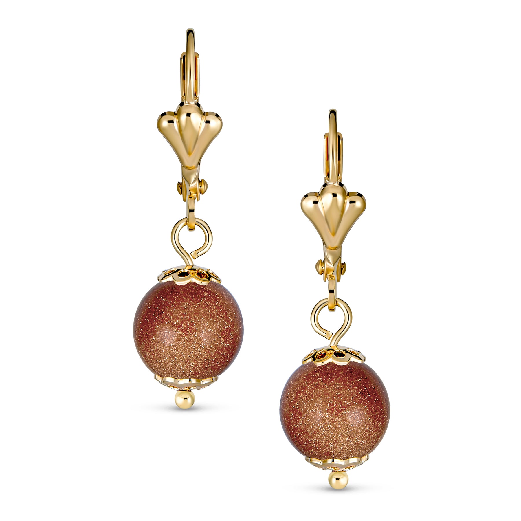 Timeless Brown Goldstone Black Onyx Dangle 8MM Ball Drop Earrings Gold Plated Lever Back (Set of 2)
