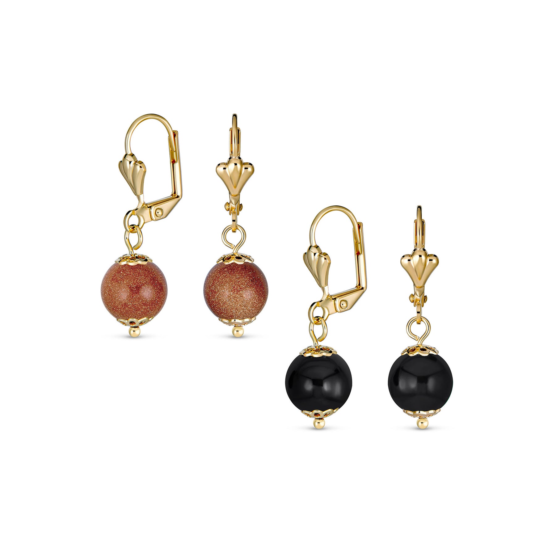 Timeless Brown Goldstone Black Onyx Dangle 8MM Ball Drop Earrings Gold Plated Lever Back (Set of 2)