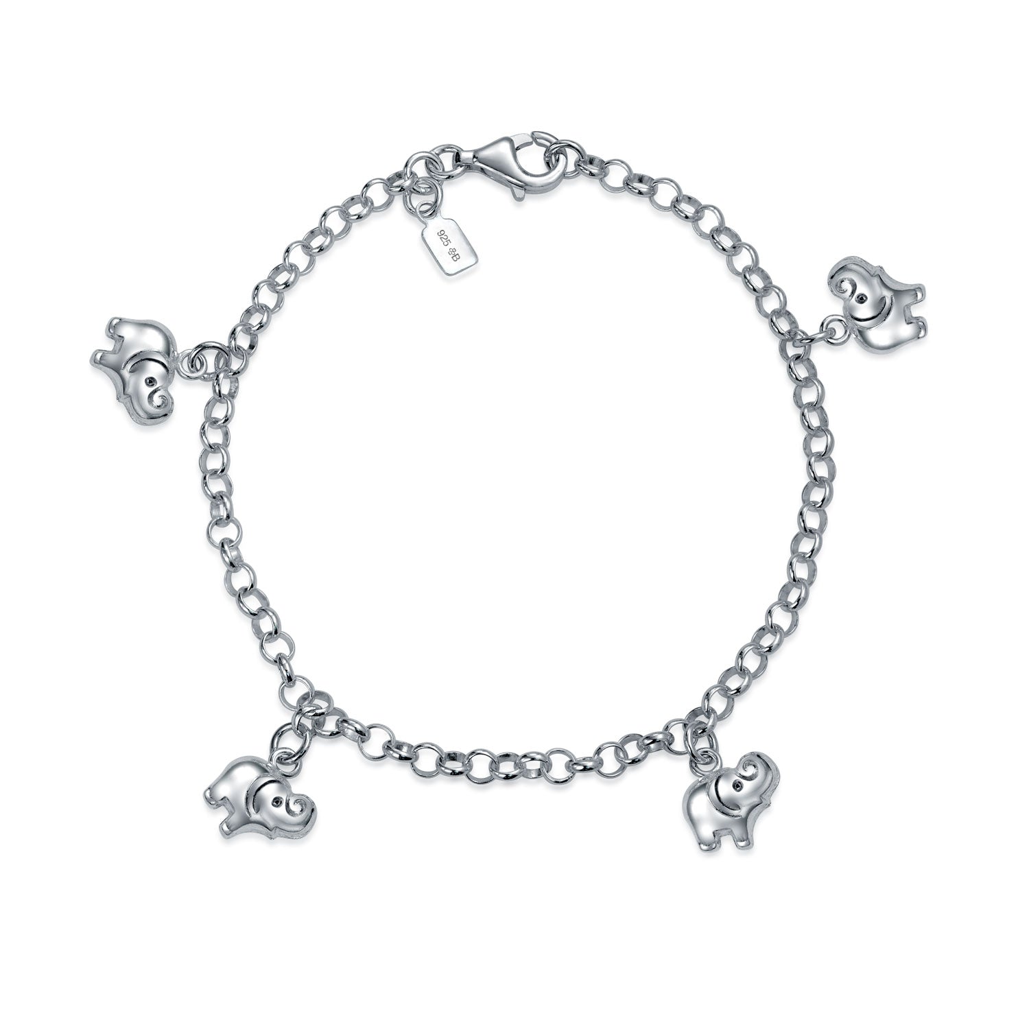 Lucky Elephant Charm Bracelet .925 Sterling Silver Zoo Animal Multi Dangling Charms 7.5 Inch
