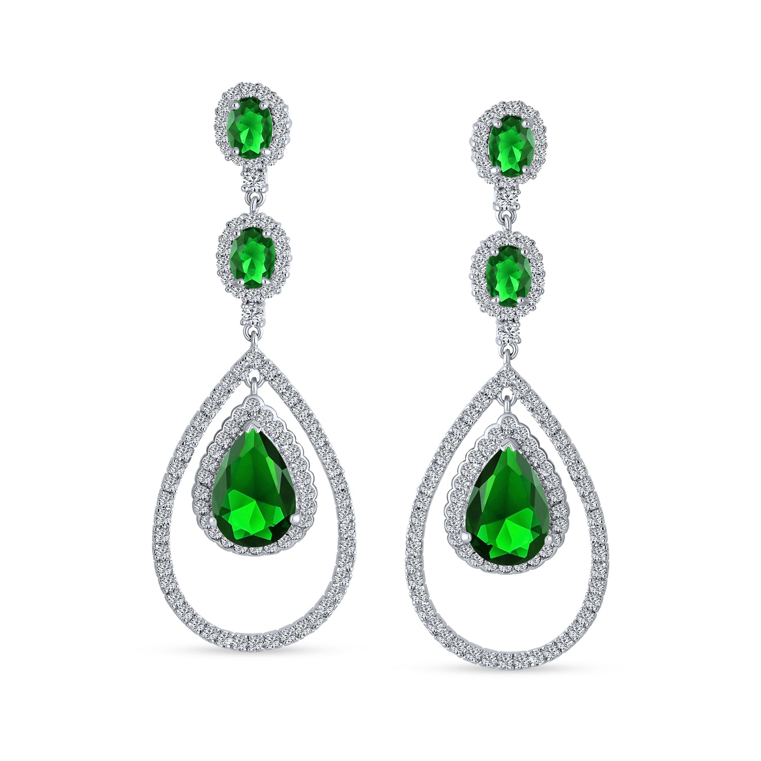 Art Deco Style Green Emerald & White Cubic Zirconia Halo Teardrop CZ Chandelier Earrings (Set of 2)