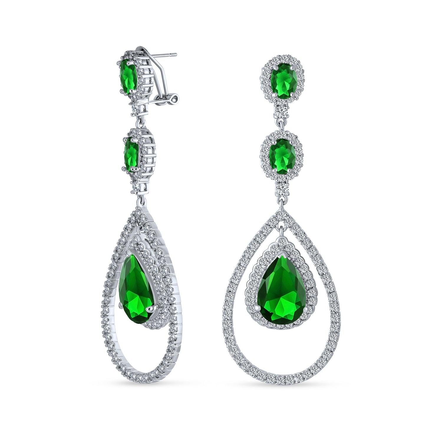 Art Deco Style Green Emerald & White Cubic Zirconia Halo Teardrop CZ Chandelier Earrings (Set of 2)
