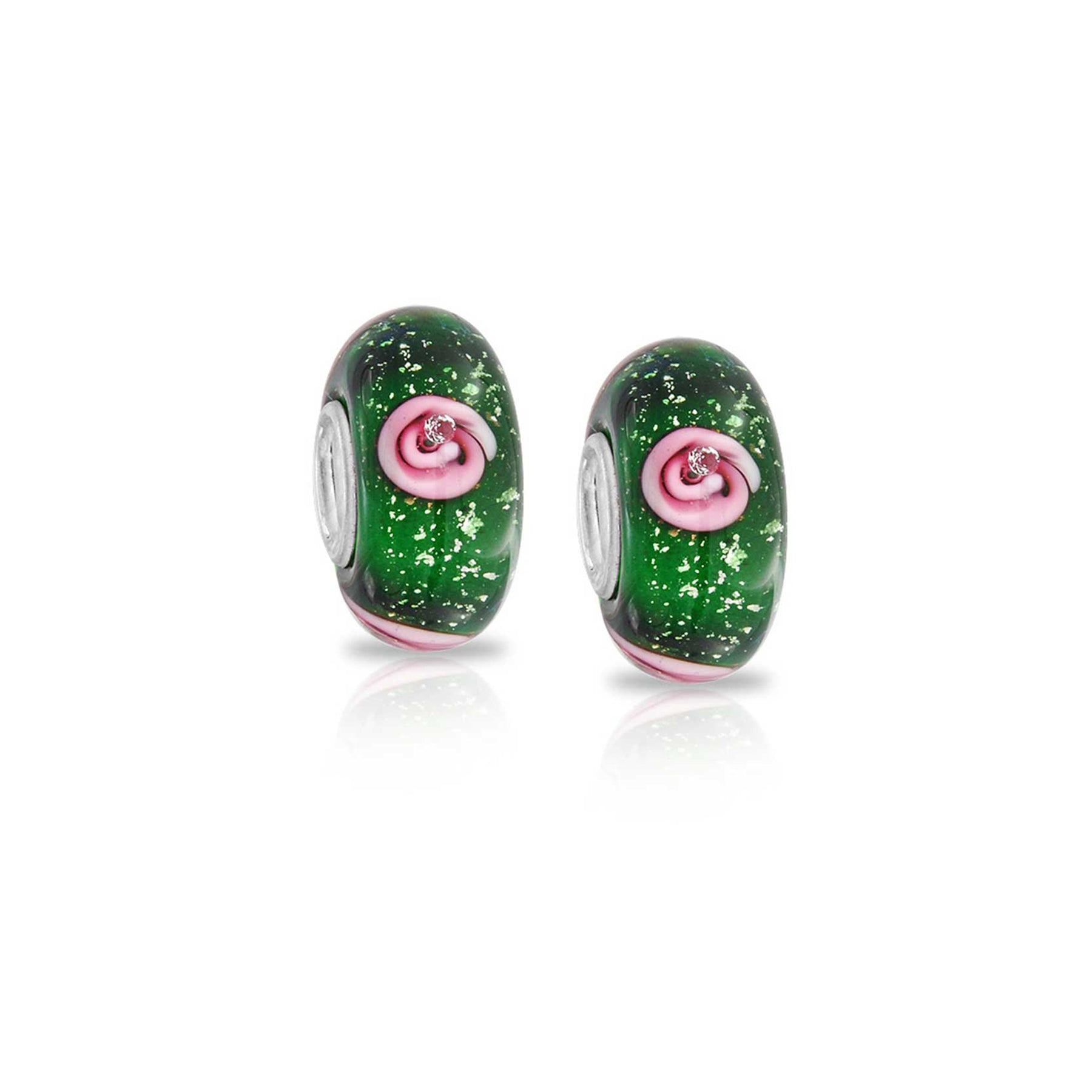 .925 Sterling Silver Floral Pink Green Rose Flower Murano Glass Charm Bead for Bracelet (Set of 2)