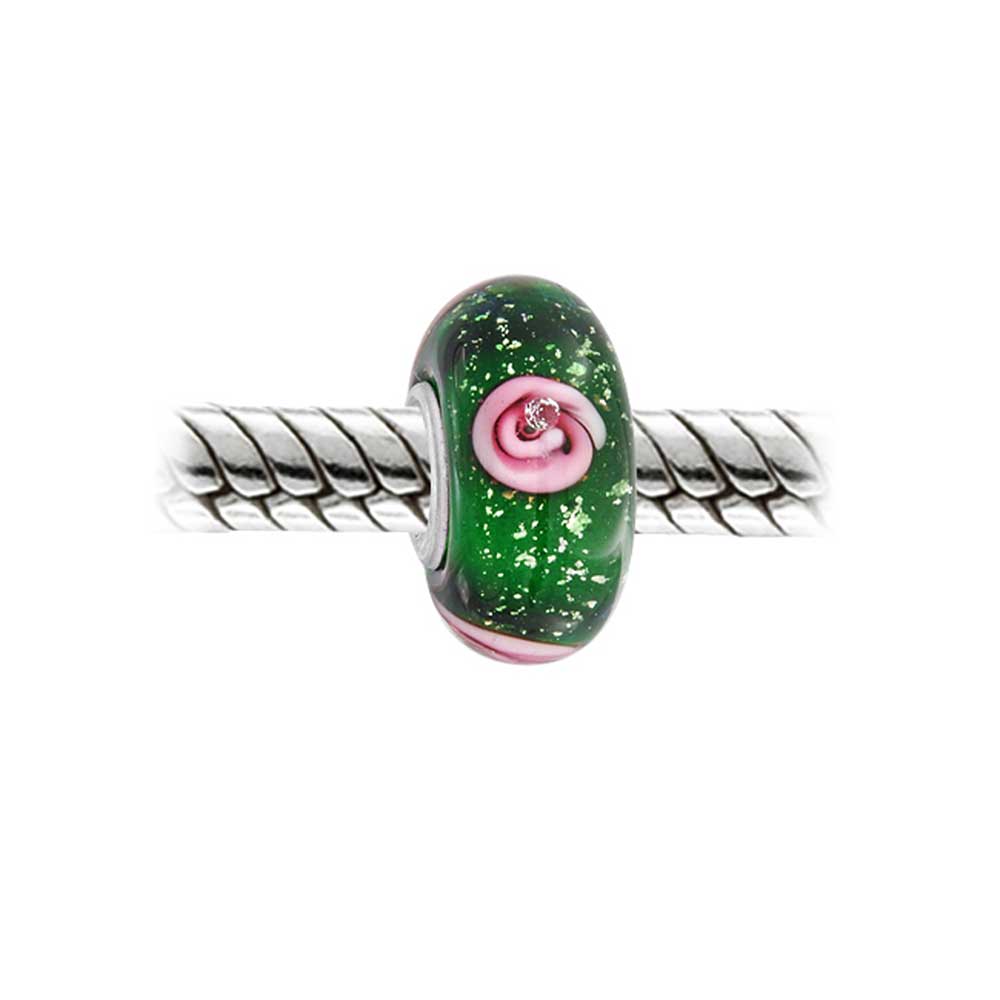 .925 Sterling Silver Floral Pink Green Rose Flower Murano Glass Charm Bead for Bracelet (Set of 2)