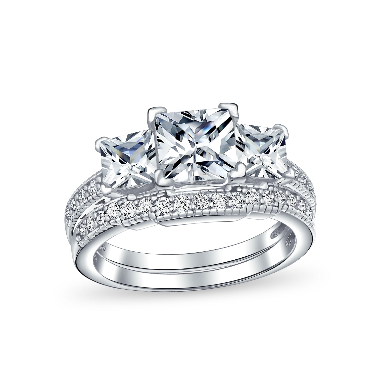 Vintage Style 3CT Princess Cut Past Present Future CZ Engagement Ring Band Set .925 Sterling Silver