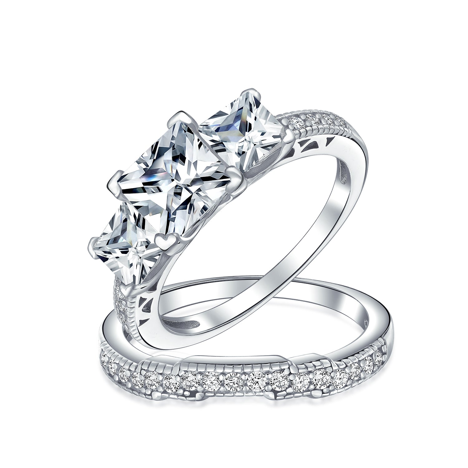 Vintage Style 3CT Princess Cut Past Present Future CZ Engagement Ring Band Set .925 Sterling Silver