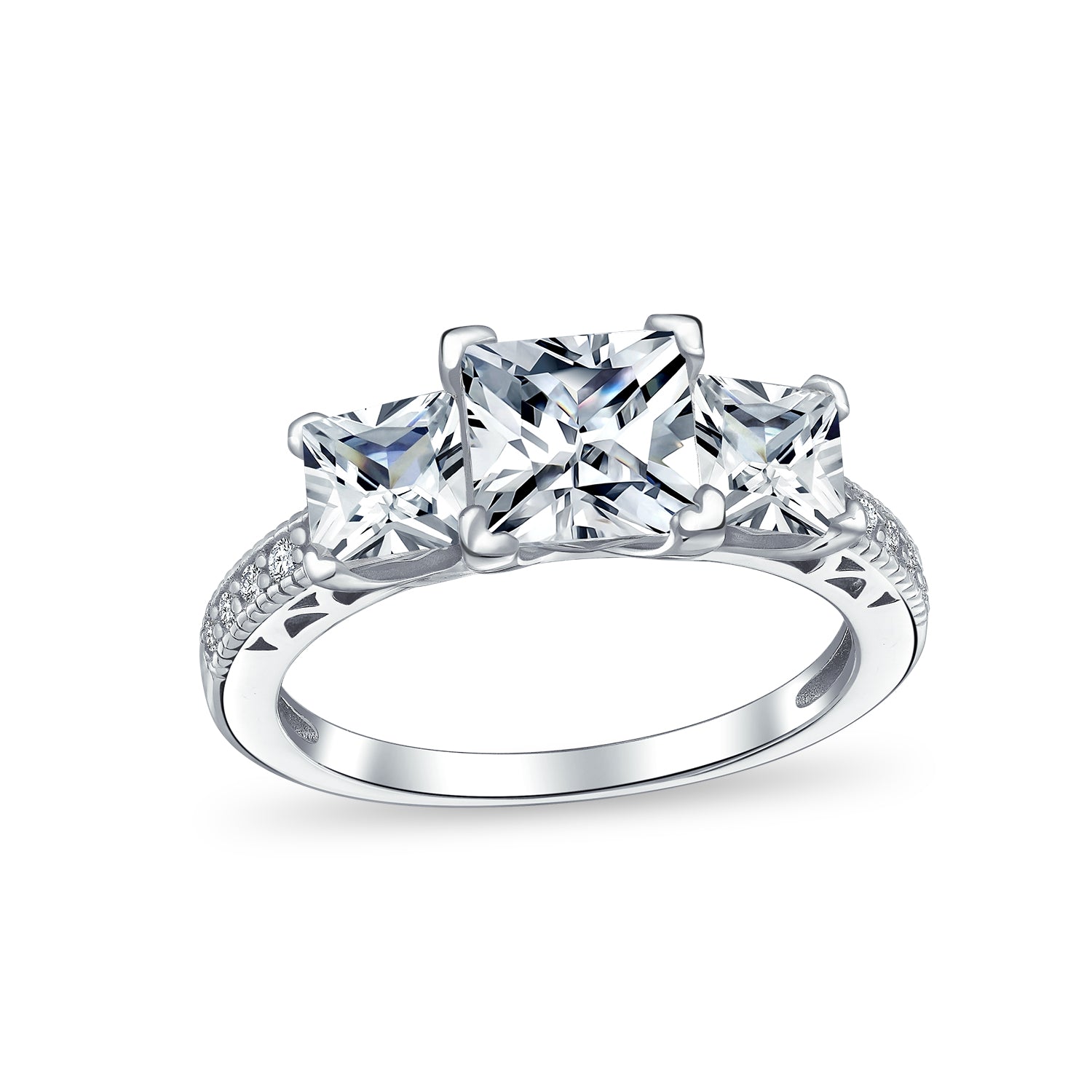Vintage Style 3CT Princess Cut Past Present Future CZ Engagement Ring Band Set .925 Sterling Silver