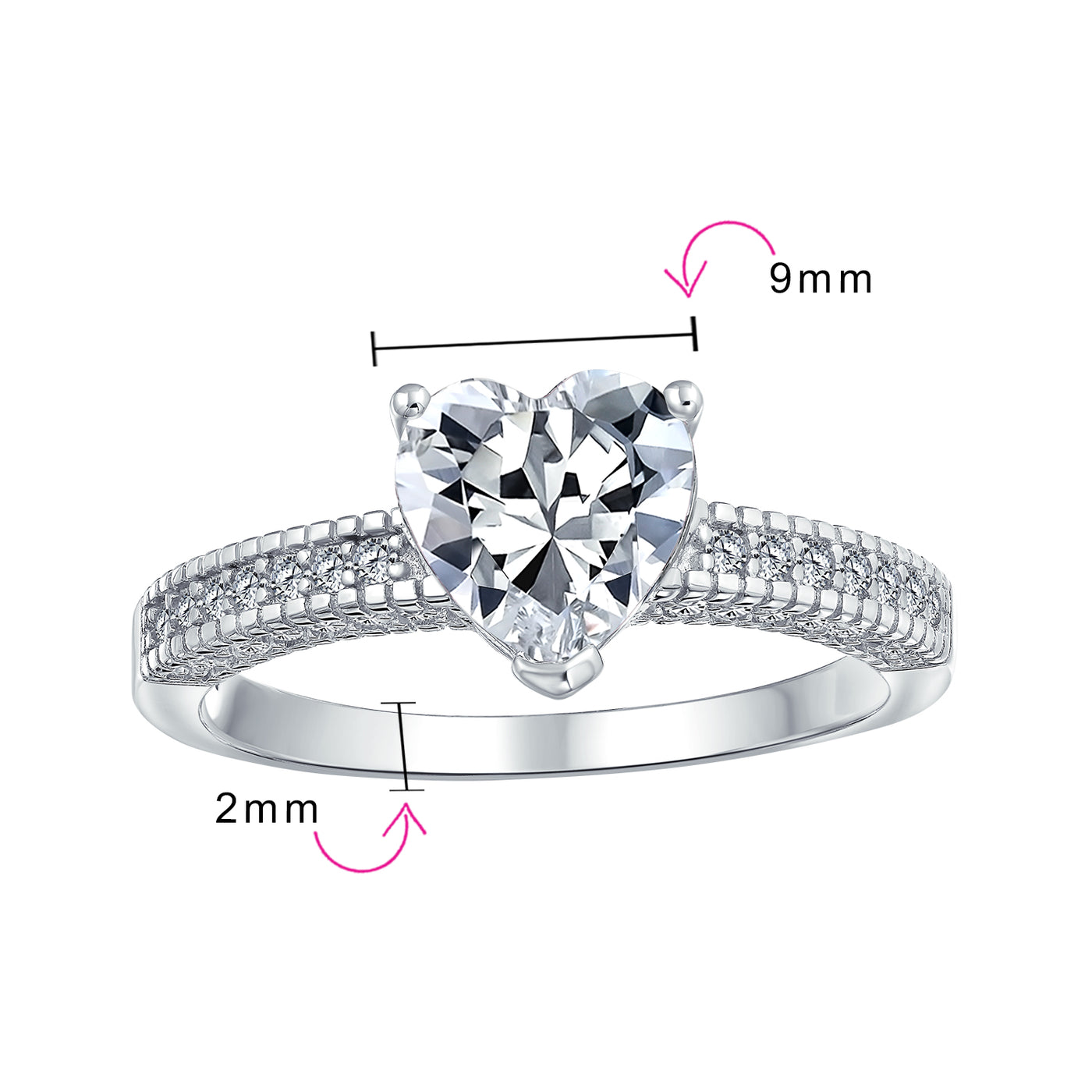 Classic 2CT Heart Shaped Engagement Ring with CZ Pave Band in Sterling Silver