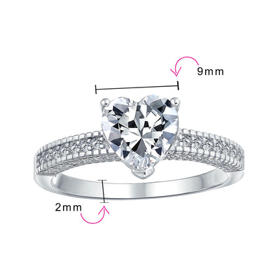 Classic 2CT Heart Shaped Engagement Ring with CZ Pave Band in Sterling Silver