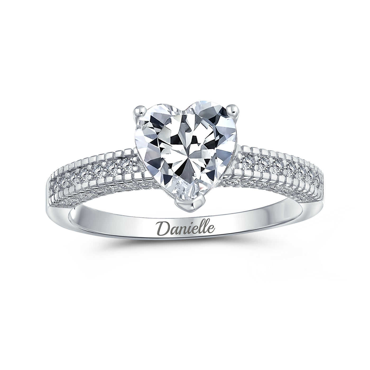 Classic 2CT Heart Shaped Engagement Ring with CZ Pave Band in Sterling Silver