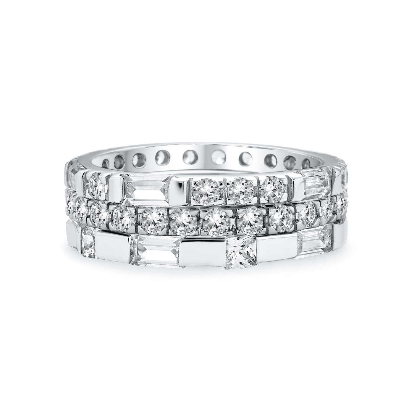 Geometric CZ Cocktail Statement Ring: Stackable Eternity Band Set in Sterling Silver