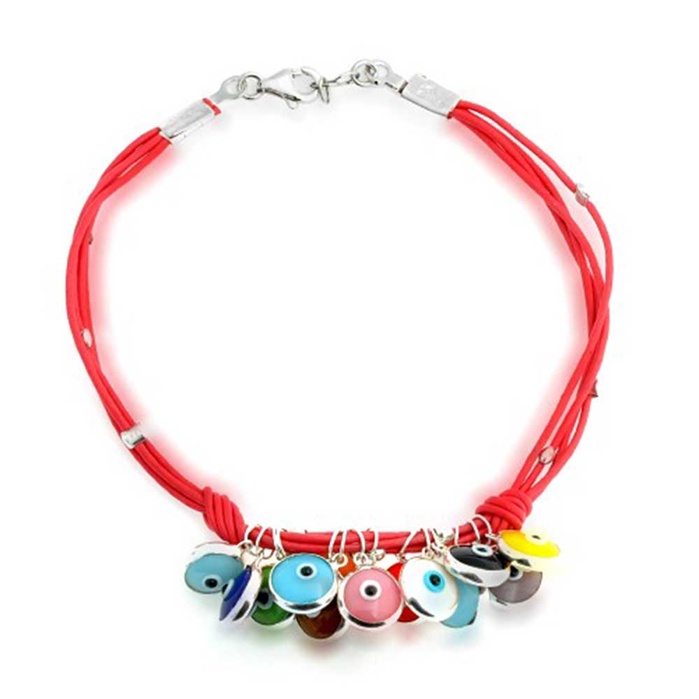 Genuine Leather .925 Sterling Silver Red Turkish Multi Color Evil Eye Charm Bracelet Gold Plated