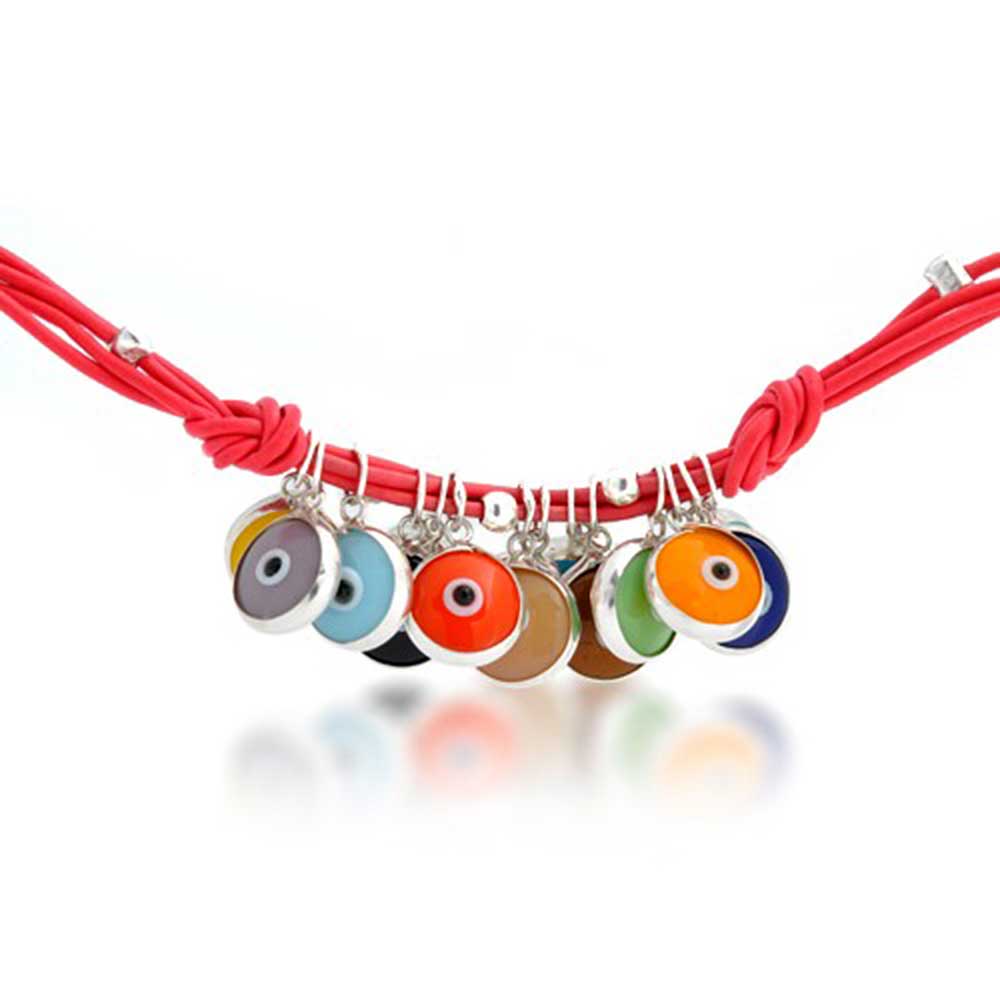 Genuine Leather .925 Sterling Silver Red Turkish Multi Color Evil Eye Charm Bracelet Gold Plated