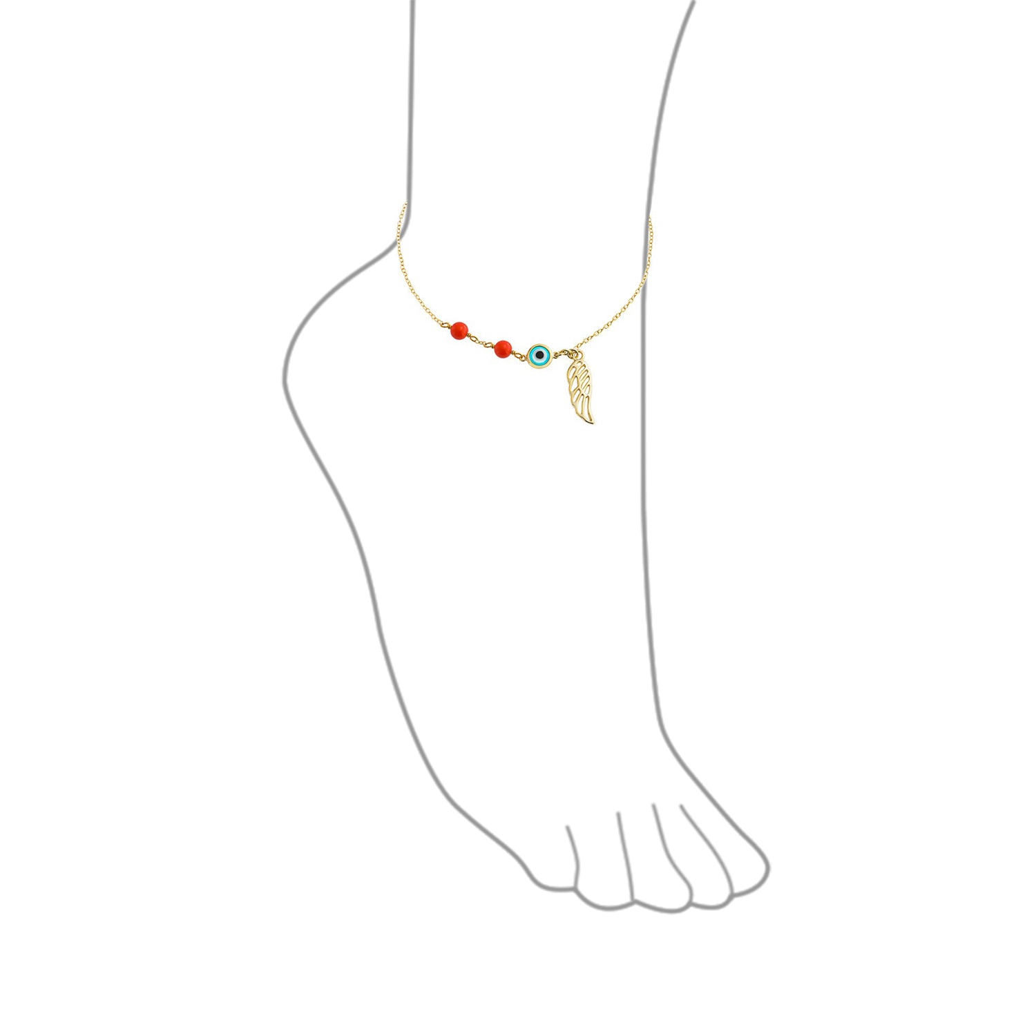 Turkish Spiritual Guardian Angel Wing & Evil Eye Anklet Bracelet 14k Gold Plated Sterling Silver