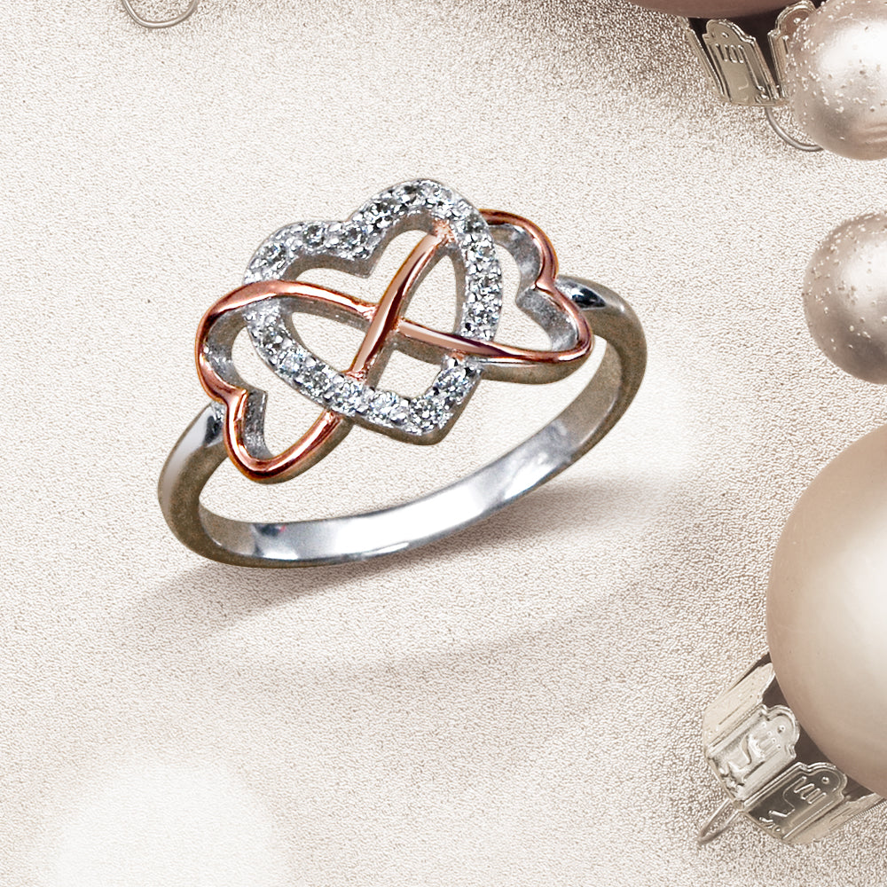 Romantic CZ Pave Cubic Zirconia Intertwined Infinity Forever Heart Promise Ring Rose Gold Sterling Silver