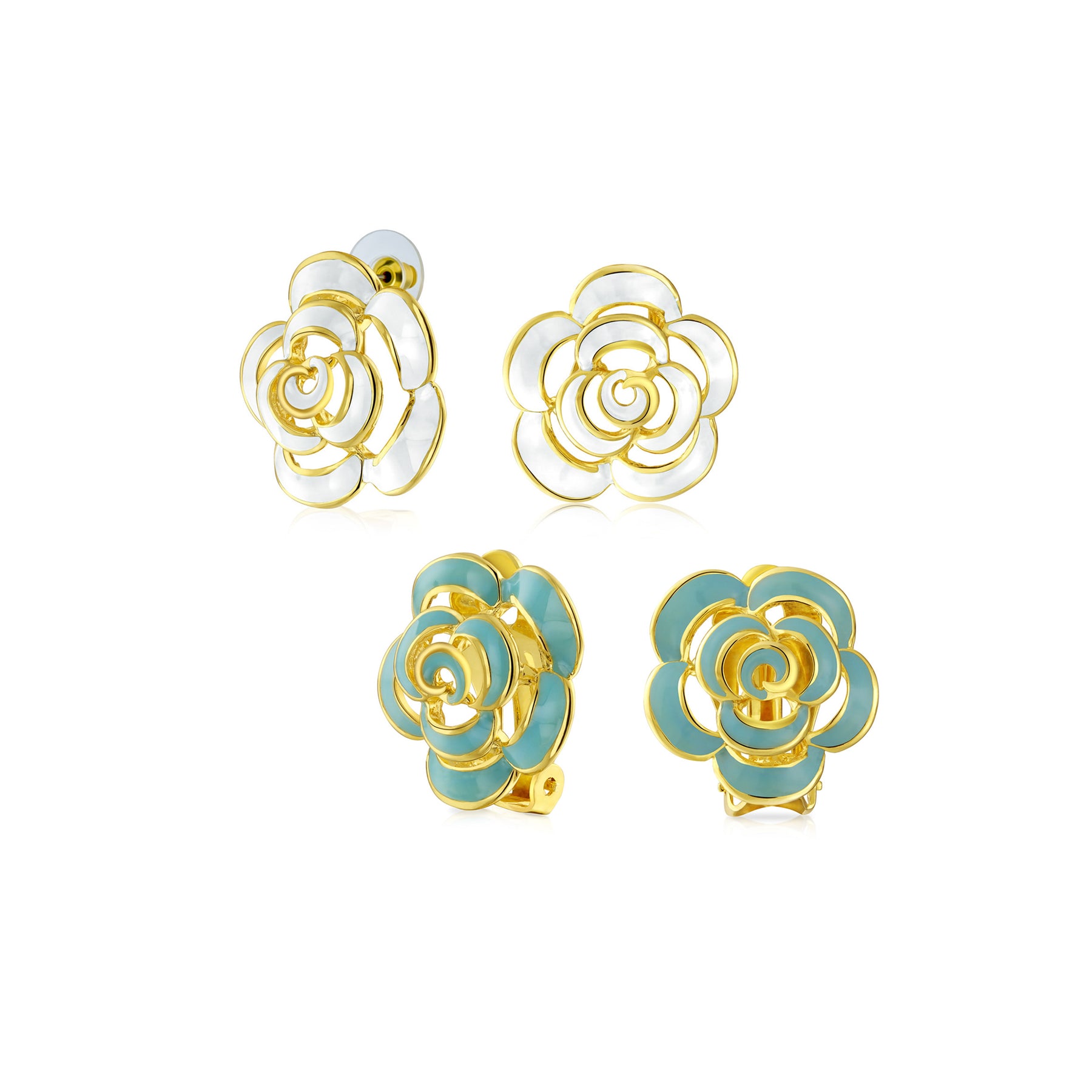 Enamel 3D Flower White Turquoise Blue Button Style Rose Clip On Gold Plated (Set of 2)